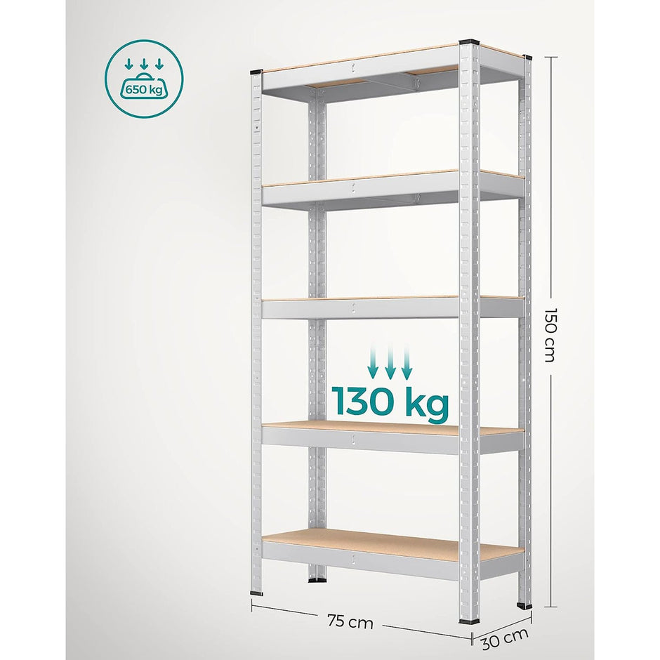 5-Tier Shelving Unit – Reinforced Steel – Silver – Adjustable Shelves, Set of 2, Max. Load 875 kg
