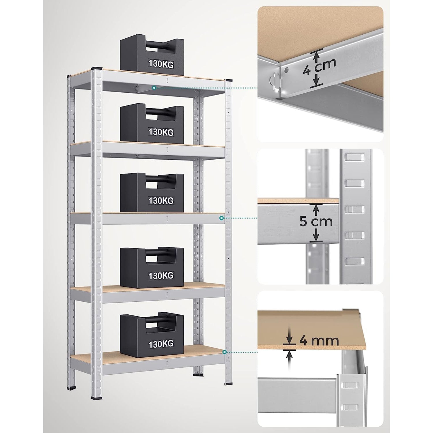 5-Tier Shelving Unit – Reinforced Steel – Silver – Adjustable Shelves, Set of 2, Max. Load 875 kg