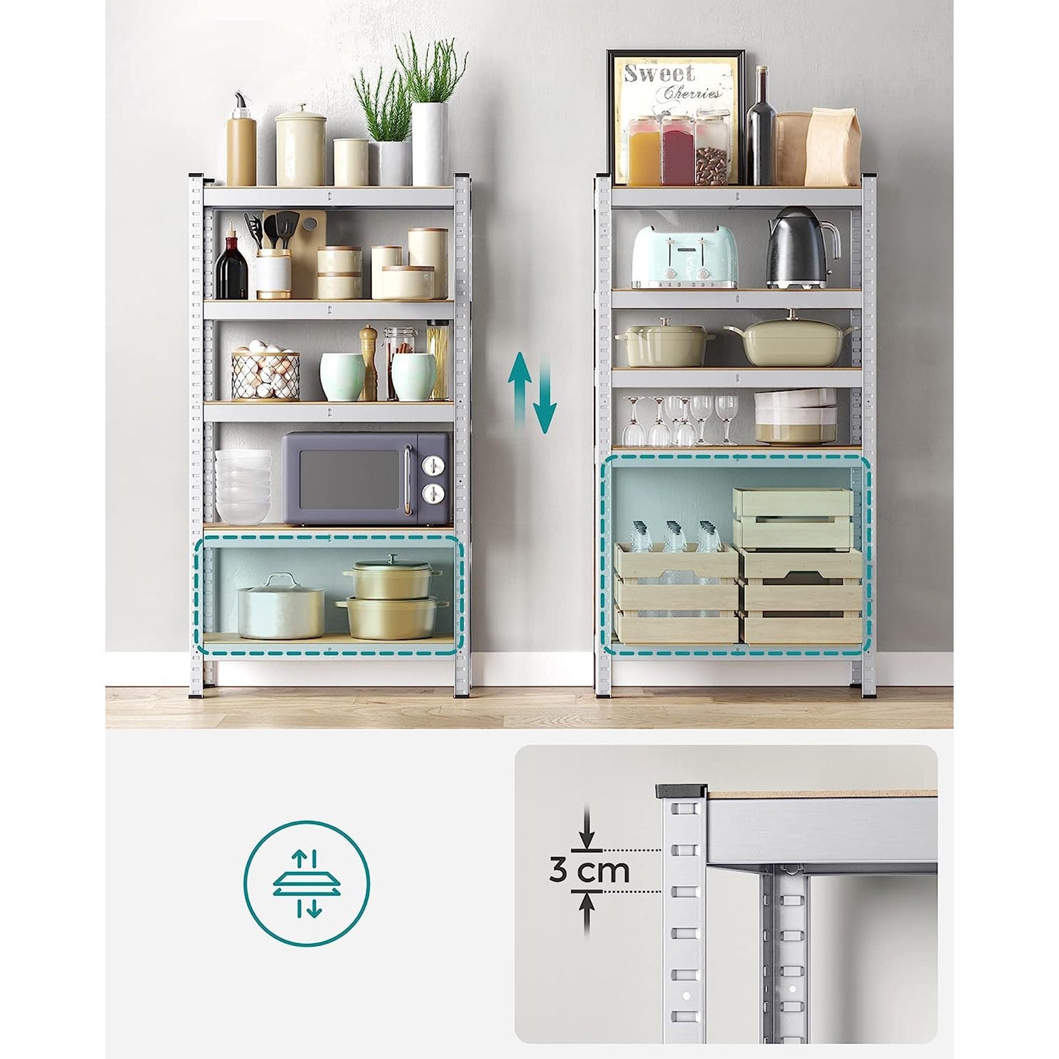 5-Tier Shelving Unit – Reinforced Steel – Silver – Adjustable Shelves, Set of 2, Max. Load 875 kg