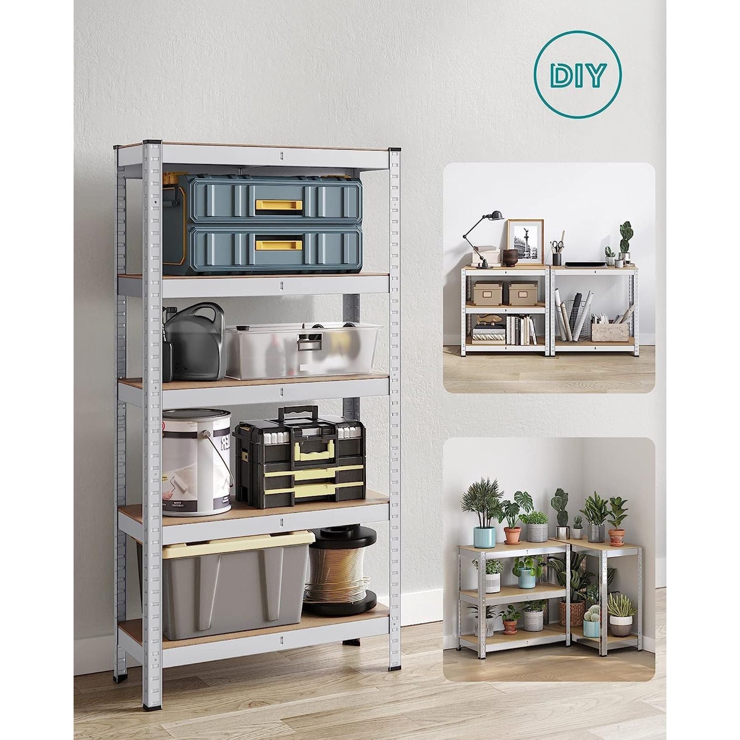 5-Tier Shelving Unit – Reinforced Steel – Silver – Adjustable Shelves, Set of 2, Max. Load 875 kg