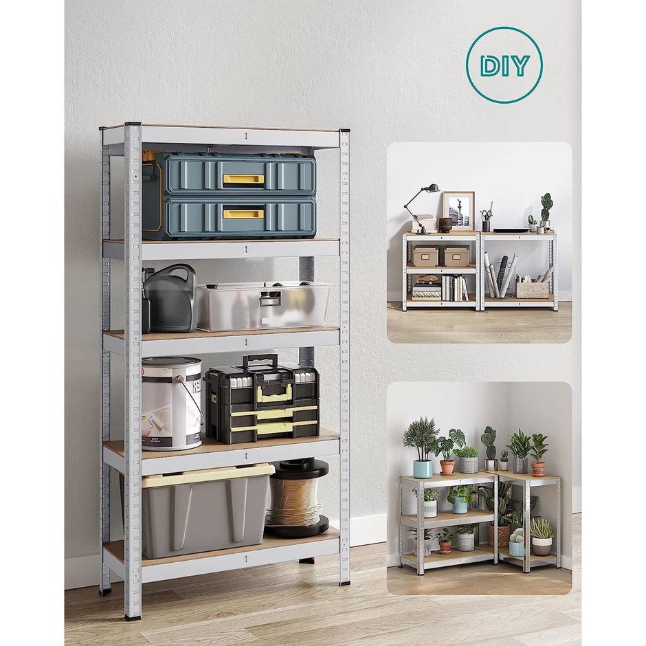 5-Tier Shelving Unit – Reinforced Steel – Silver – Adjustable Shelves, Set of 2, Max. Load 875 kg