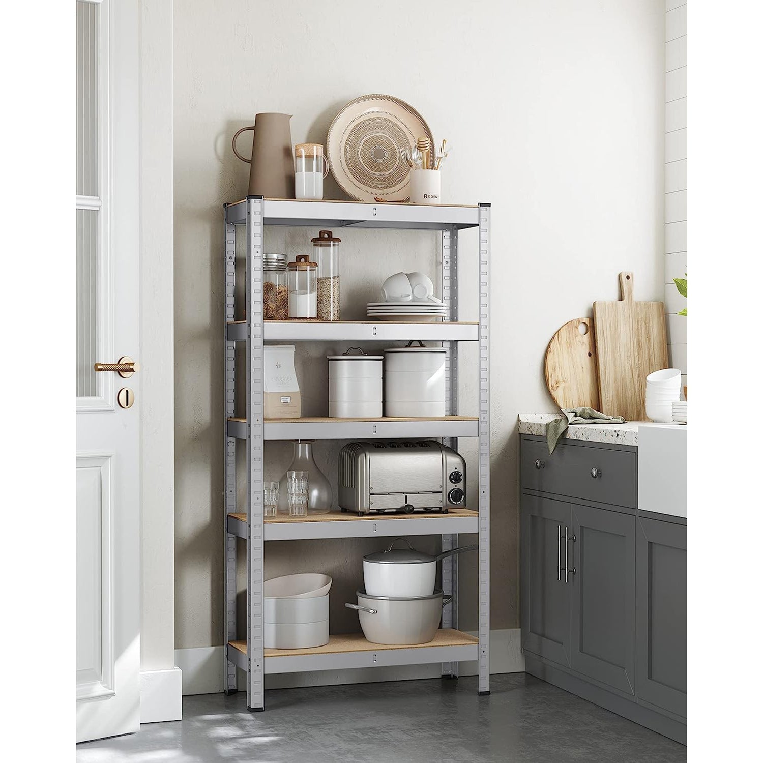5-Tier Shelving Unit – Reinforced Steel – Silver – Adjustable Shelves, Set of 2, Max. Load 875 kg