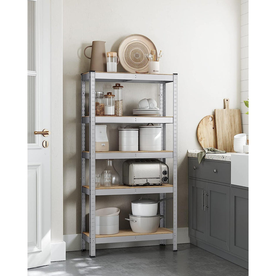 5-Tier Shelving Unit – Reinforced Steel – Silver – Adjustable Shelves, Set of 2, Max. Load 875 kg
