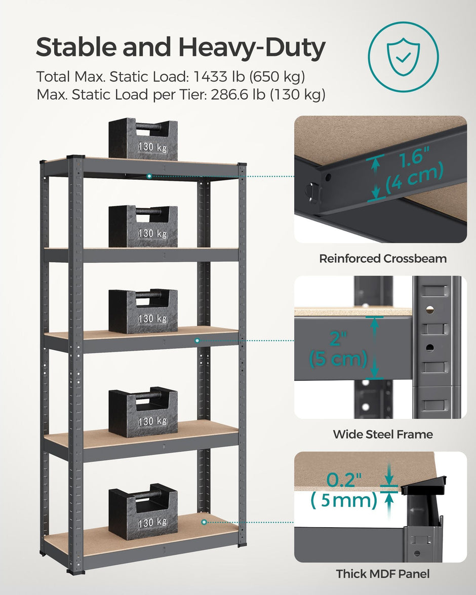5-Tier Steel Shelving Unit – Reinforced Steel – Slate Grey – Adjustable Shelves, Max Load 875 kg