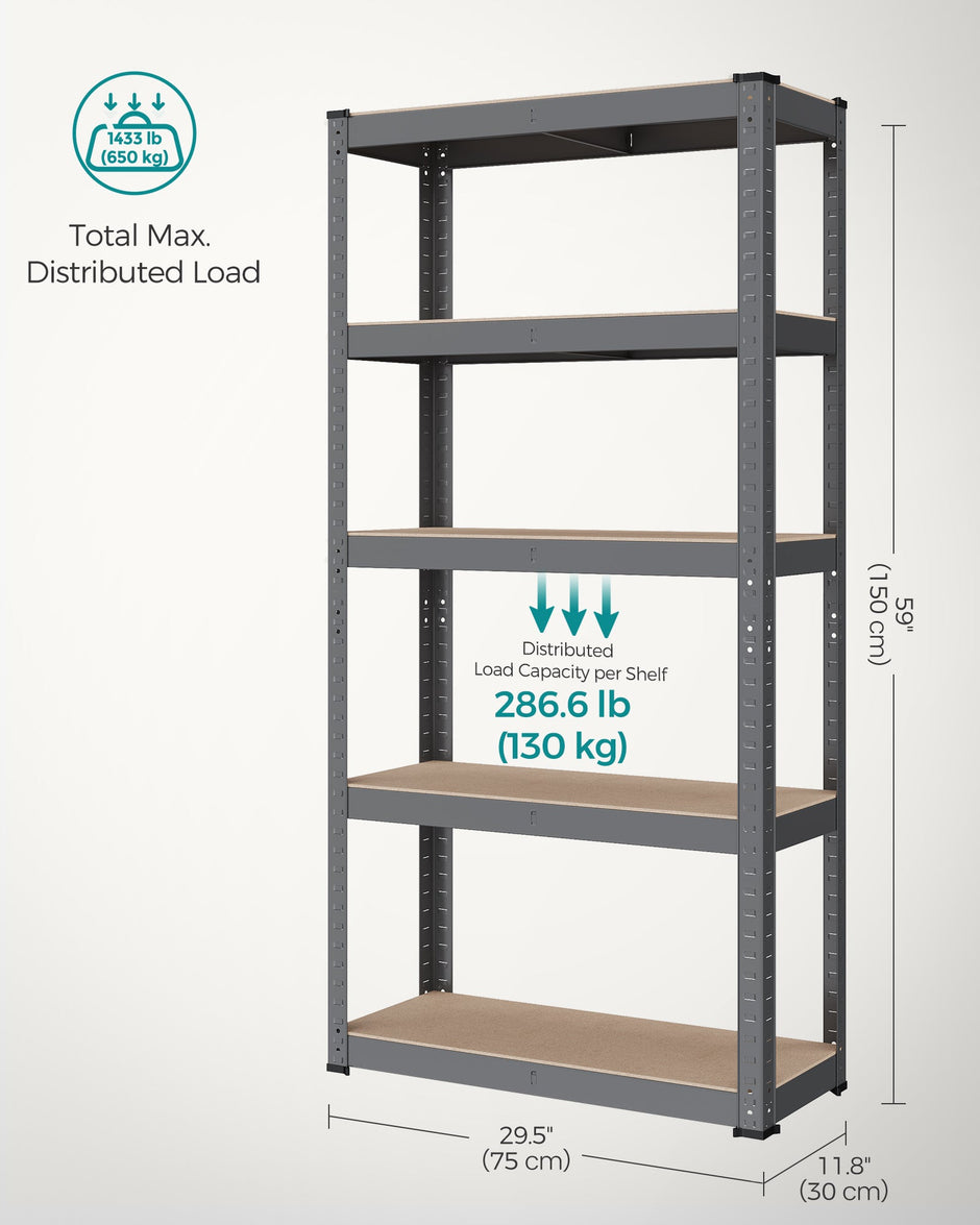 5-Tier Steel Shelving Unit – Reinforced Steel – Slate Grey – Adjustable Shelves, Max Load 875 kg