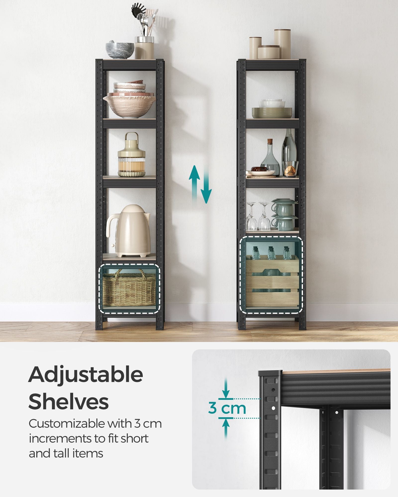 Shelving Unit – Metal and Wood – Greige and Black – Adjustable Storage with 400 kg Load Capacity