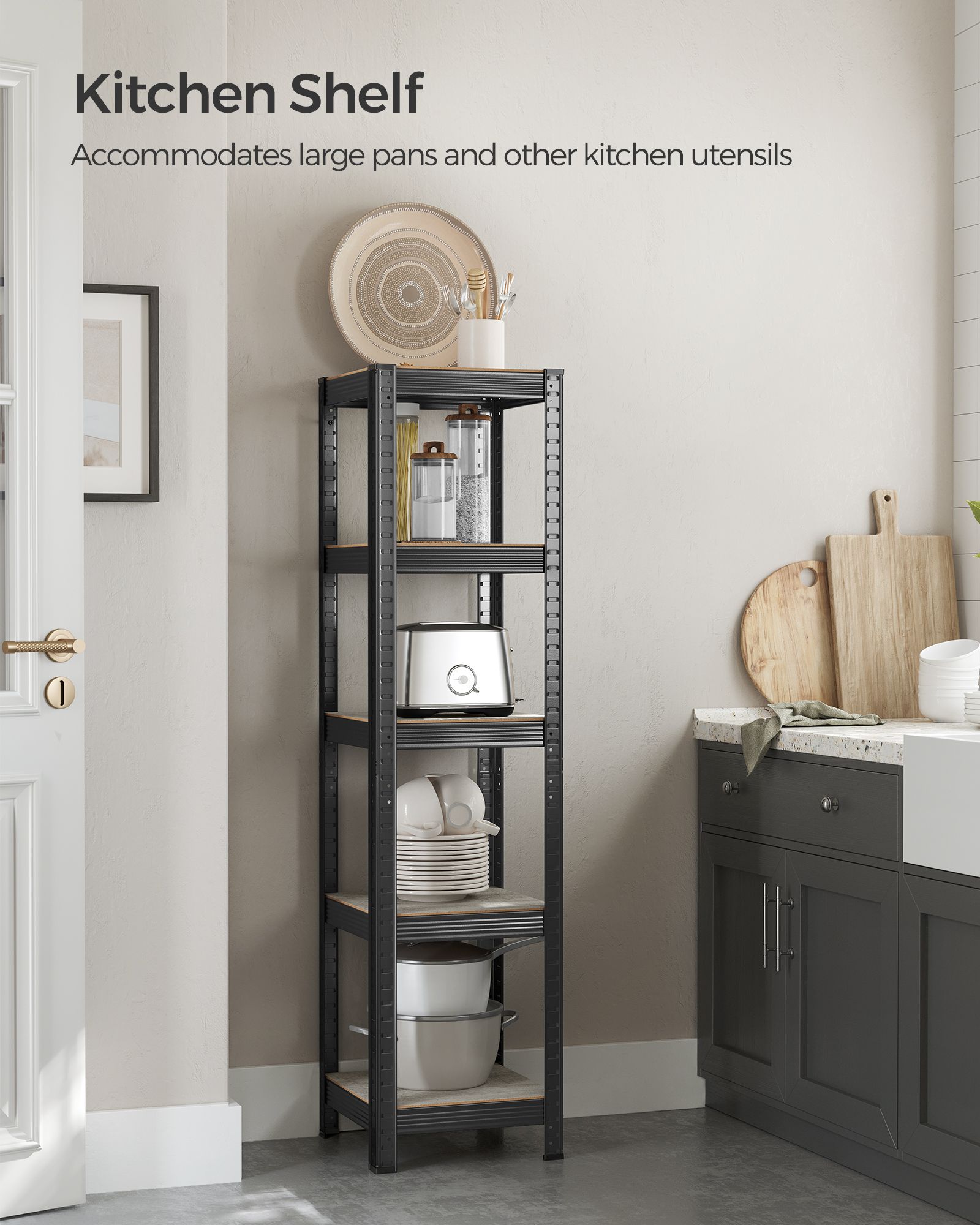 Set of 2 Shelving Units – Metal and Engineered Wood – Greige and Black – Adjustable Storage with High Load Capacity