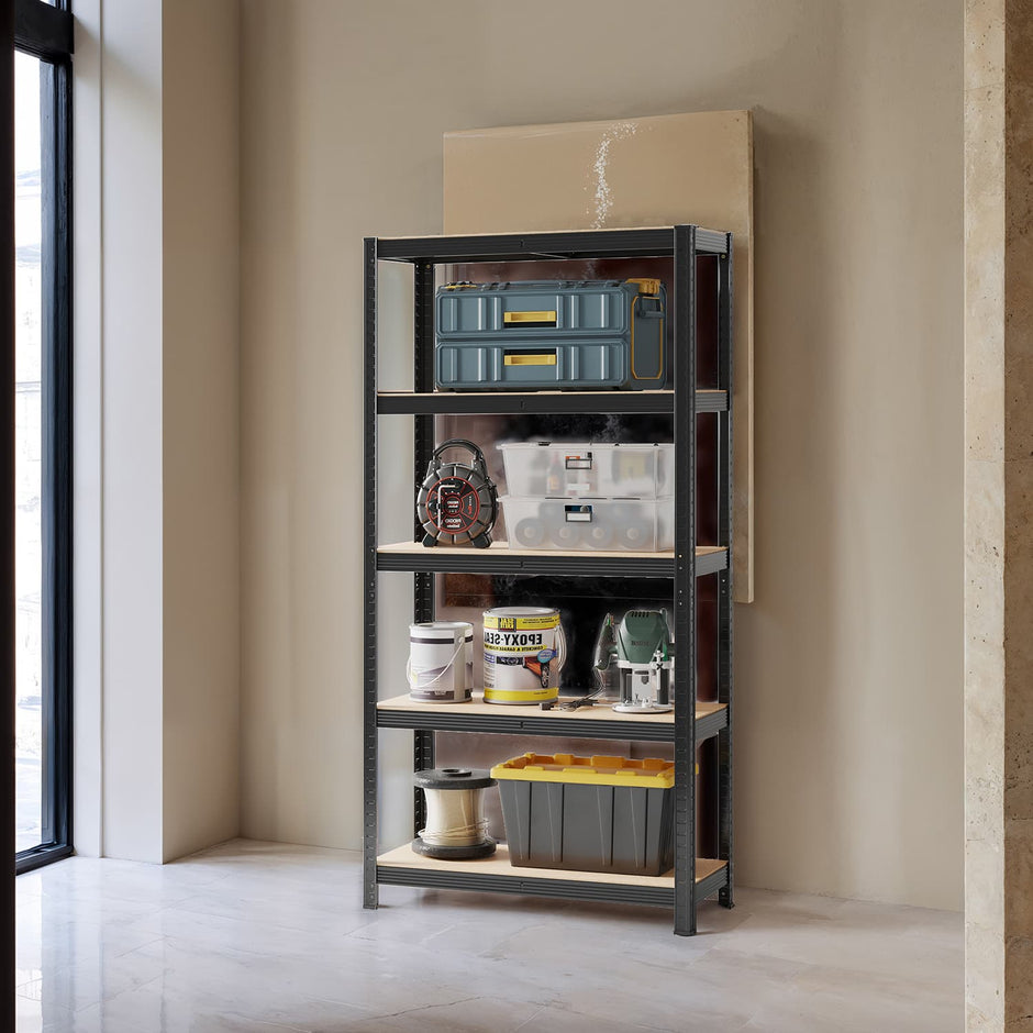5-Tier Garage Storage Shelving – Metal – Black – Heavy-Duty Load Capacity