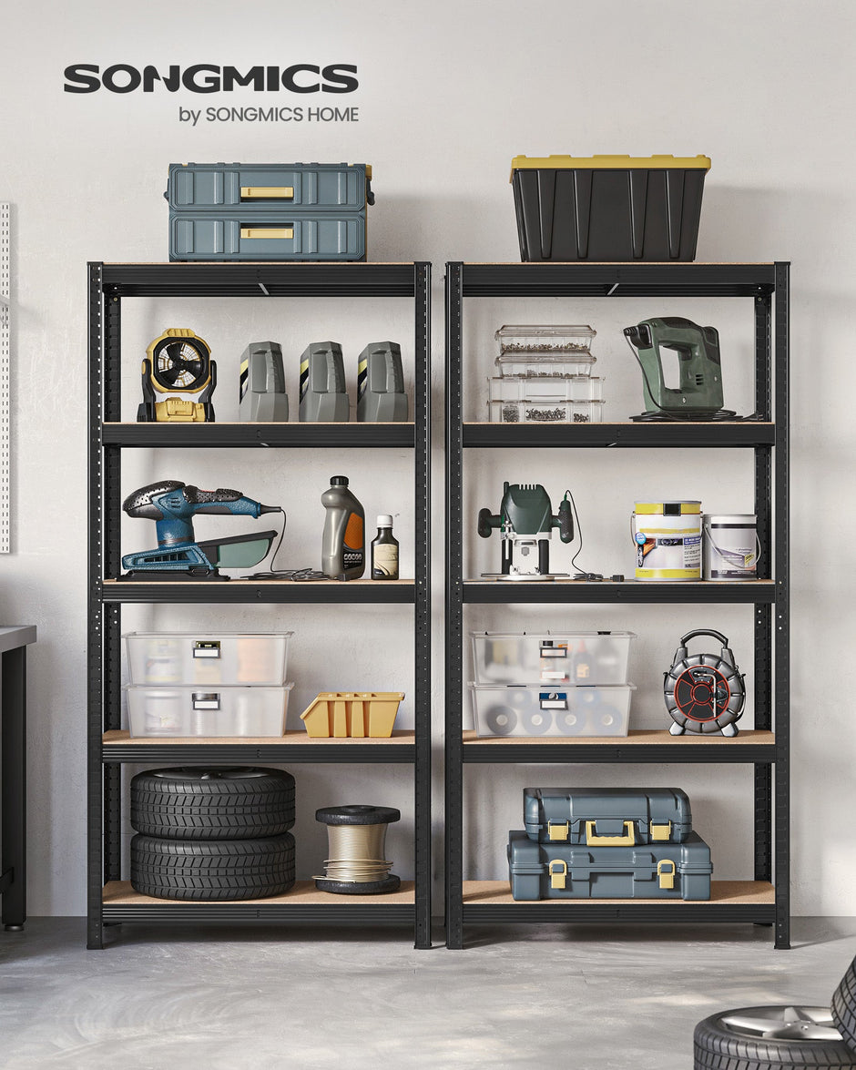 5-Tier Shelving Unit Set of 2 – Steel – Silver/Greige and Black/Rustic Brown – Adjustable Shelves, 650 kg Load Capacity