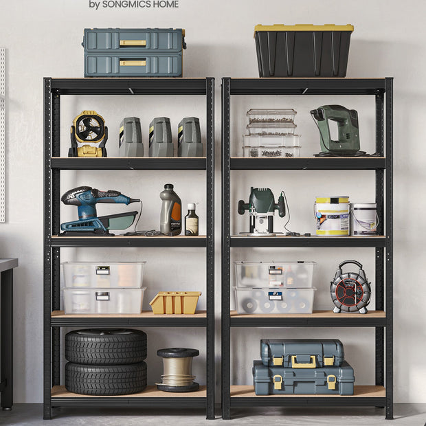 5-Tier Shelving Unit Set of 2 – Steel – Silver/Greige and Black/Rustic Brown – Adjustable Shelves, 650 kg Load Capacity