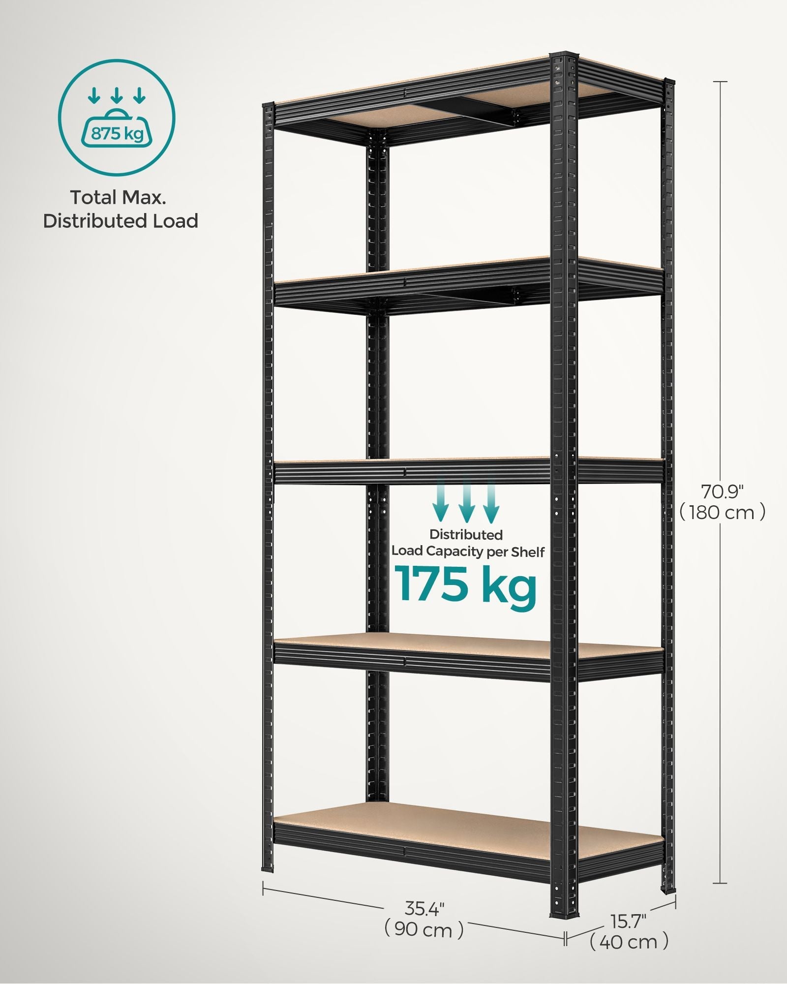 5-Tier Shelving Unit Set of 2 – Steel – Silver/Greige and Black/Rustic Brown – Adjustable Shelves, 650 kg Load Capacity