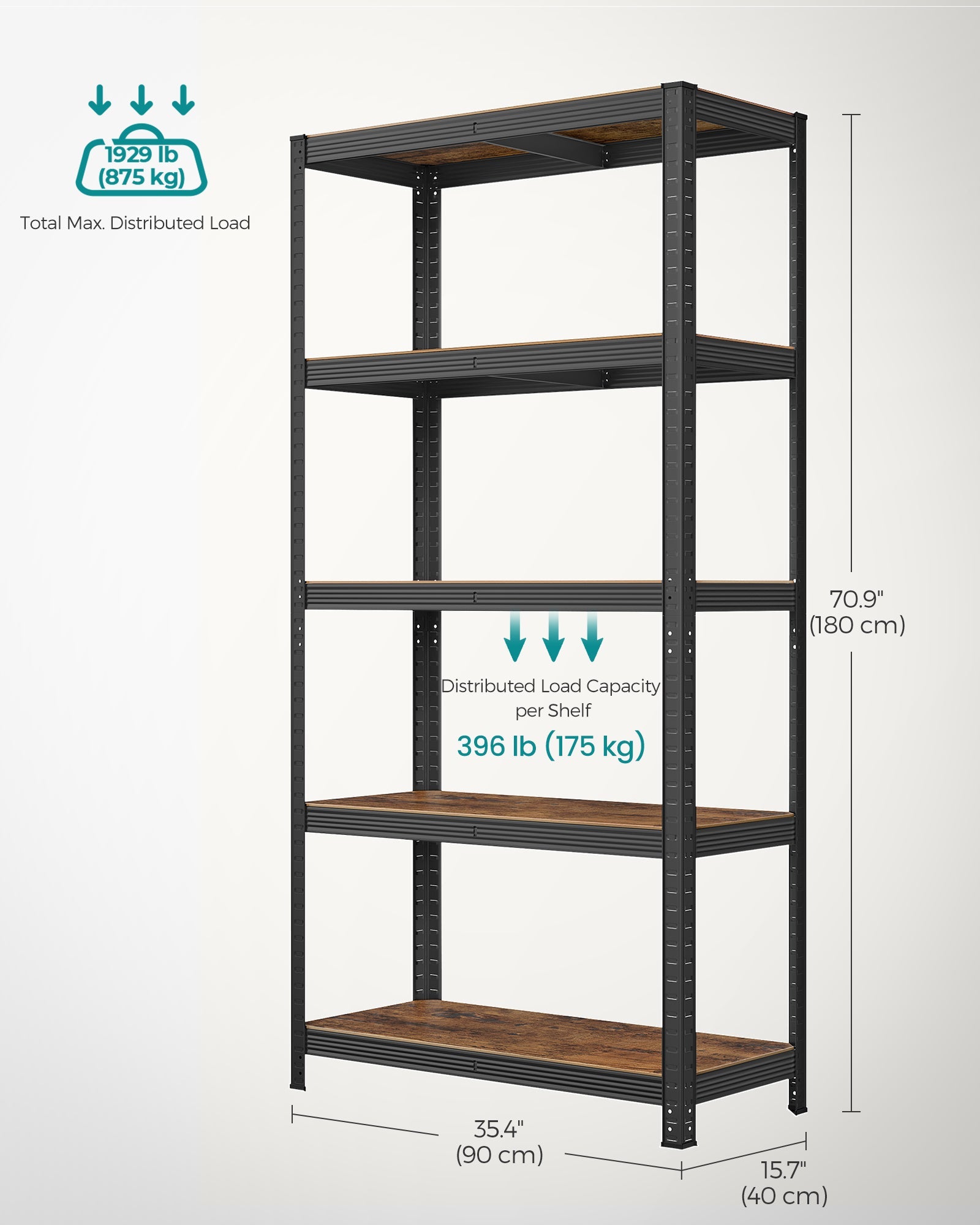 5-Tier Shelving Unit – Steel – Greige and Black – Adjustable Shelves, Max. Load 875 kg