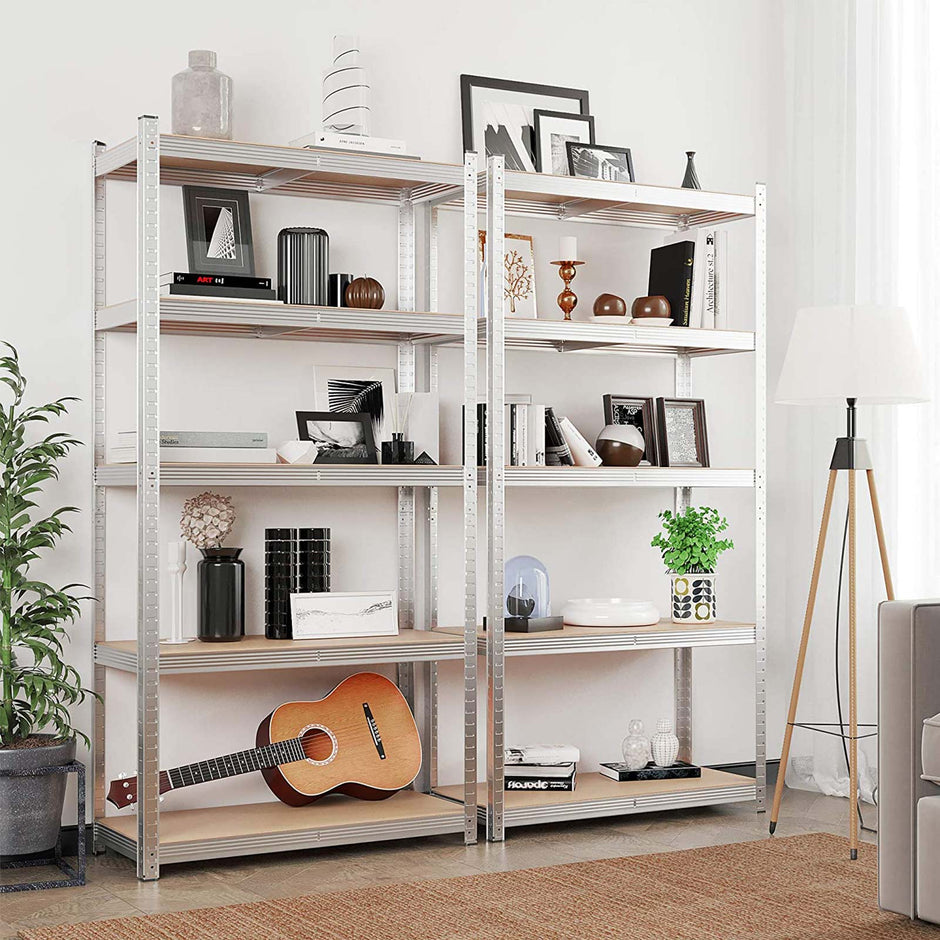 Set of 2 Garage Shelving Units – Steel – Silver – 5-Tier Adjustable Shelves, Max Load 875 kg