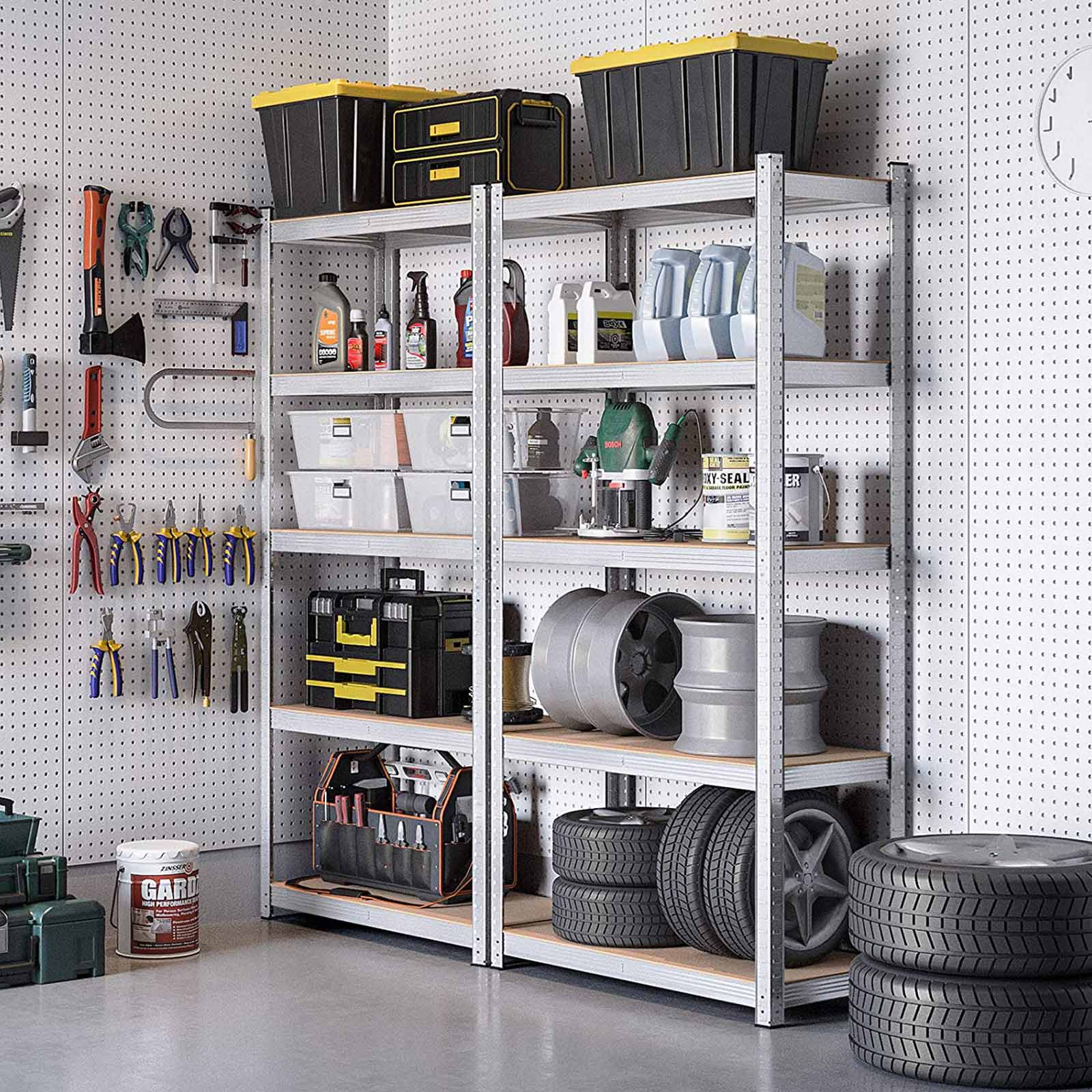 Set of 2 Garage Shelving Units – Steel – Silver – 5-Tier Adjustable Shelves, Max Load 875 kg