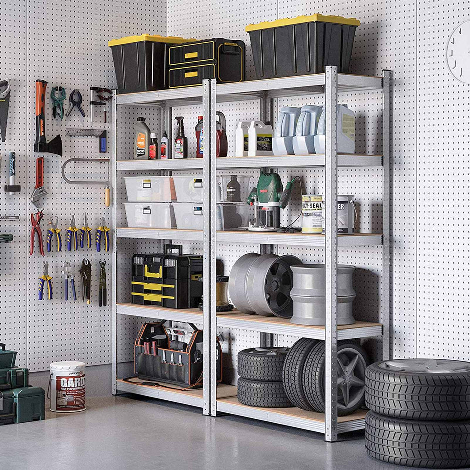 Set of 2 Garage Shelving Units – Steel – Silver – 5-Tier Adjustable Shelves, Max Load 875 kg