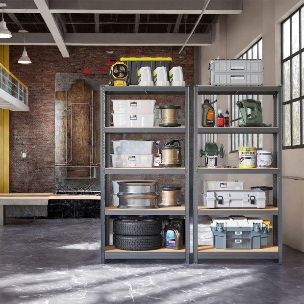 5-Tier Storage Shelves – Metal – Silver/Greige and Black/Rustic Brown – Adjustable with Boltless Assembly