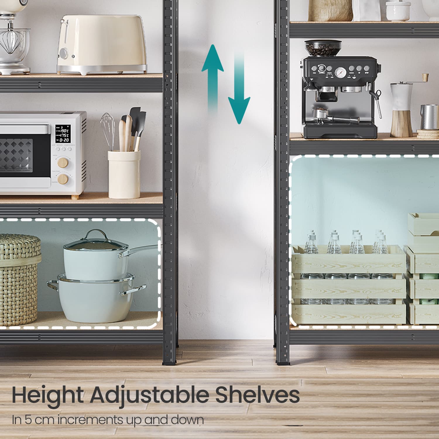 5-Tier Storage Shelves – Metal – Silver/Greige and Black/Rustic Brown – Adjustable with Boltless Assembly