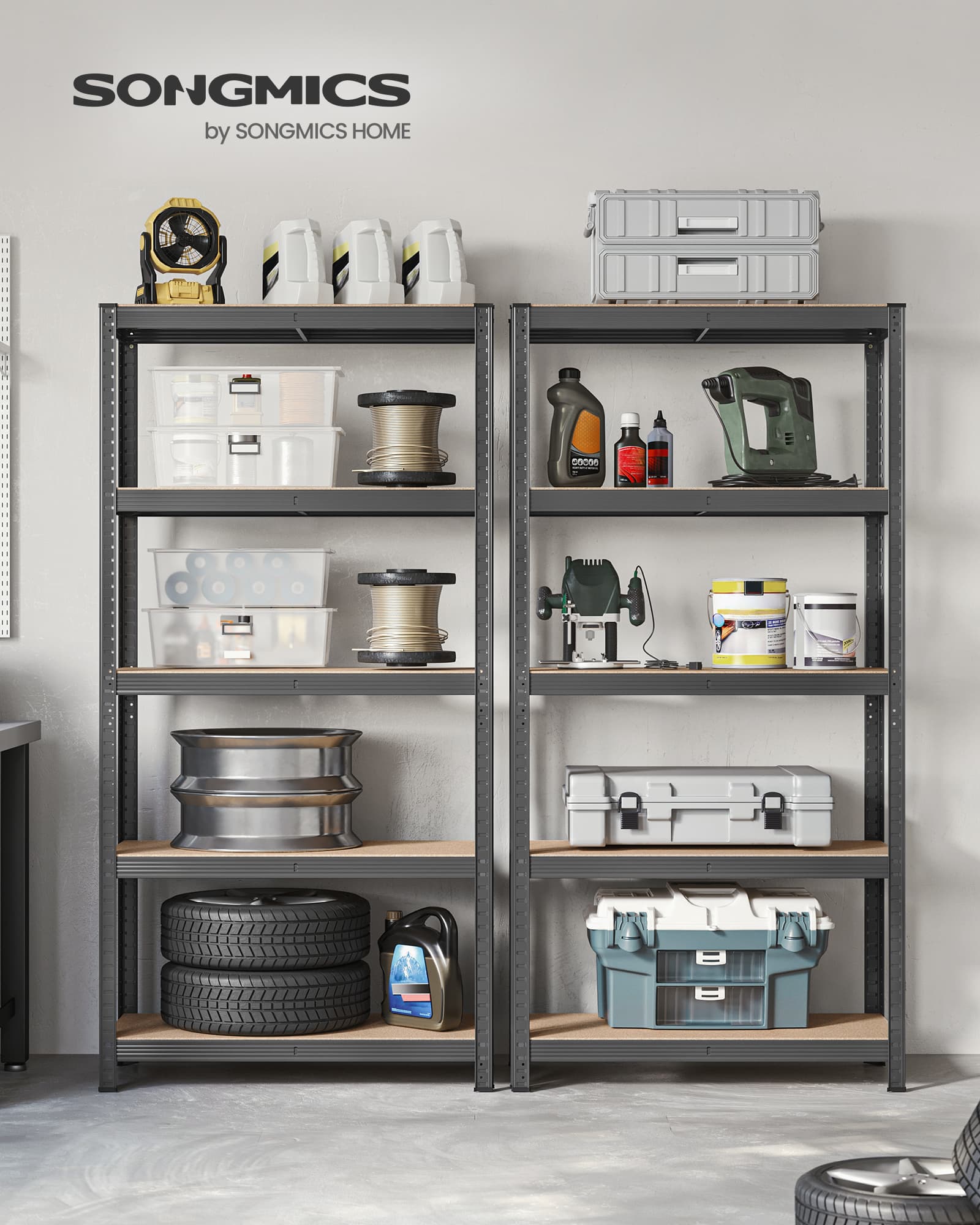 5-Tier Shelving Unit Set of 2 – Steel – Silver/Greige and Black/Rustic Brown – Adjustable Shelves, 650 kg Load Capacity