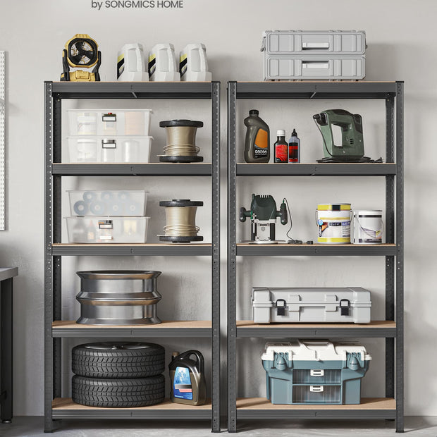 5-Tier Shelving Unit Set of 2 – Steel – Silver/Greige and Black/Rustic Brown – Adjustable Shelves, 650 kg Load Capacity