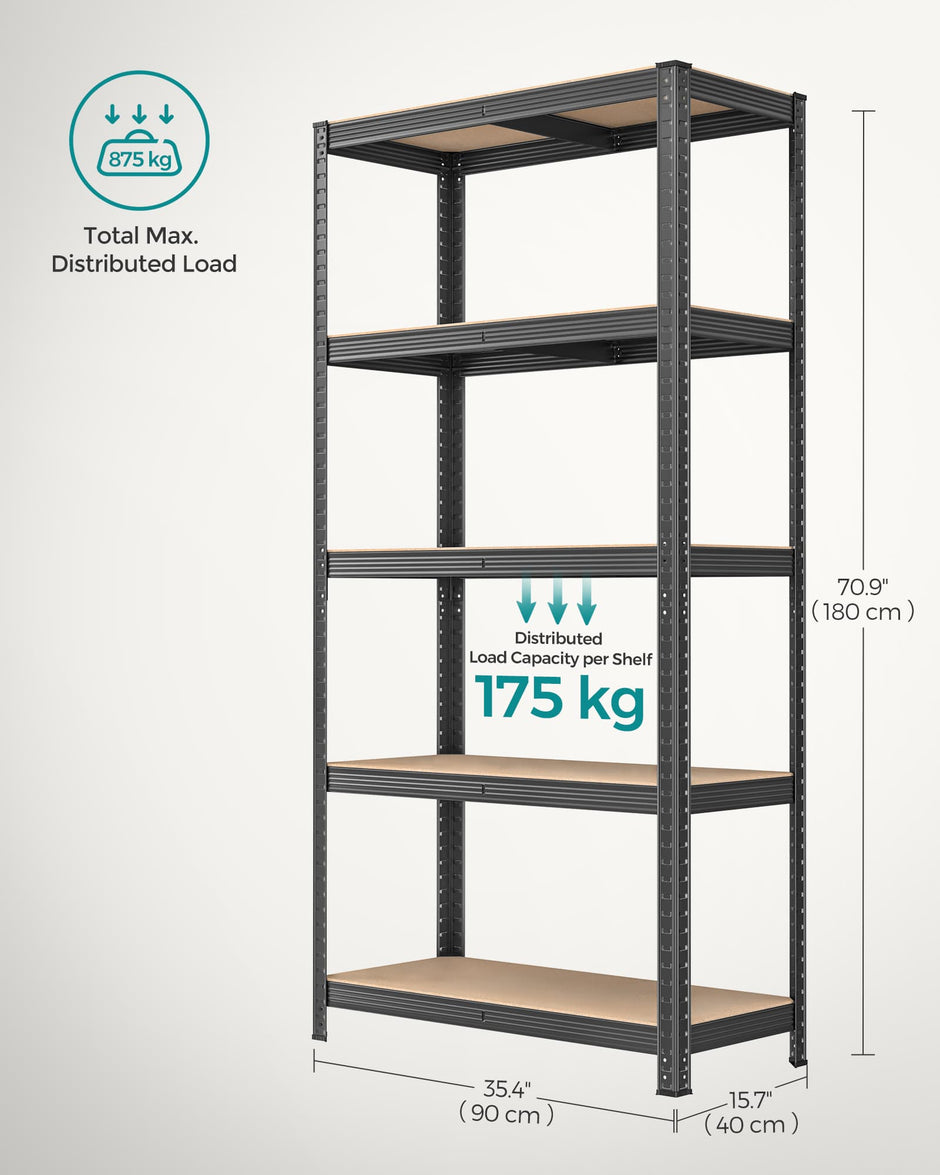 5-Tier Shelving Unit Set of 2 – Steel – Silver/Greige and Black/Rustic Brown – Adjustable Shelves, 650 kg Load Capacity
