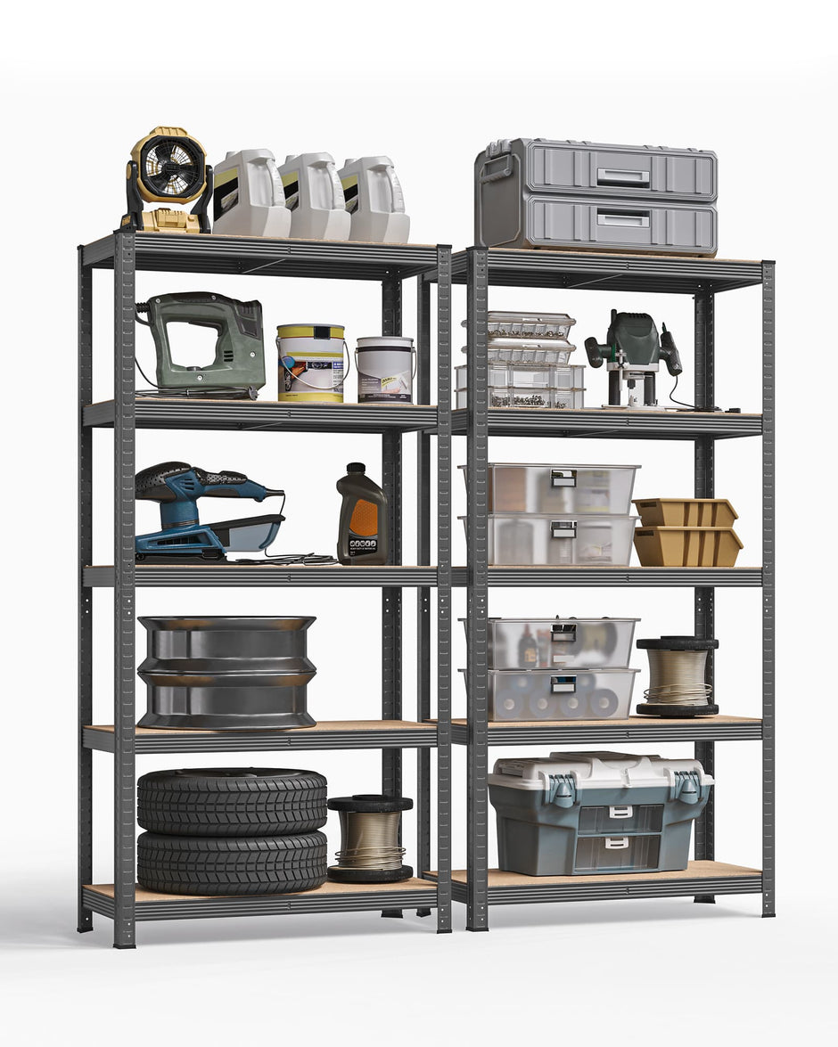 5-Tier Shelving Unit Set of 2 – Steel – Silver/Greige and Black/Rustic Brown – Adjustable Shelves, 650 kg Load Capacity