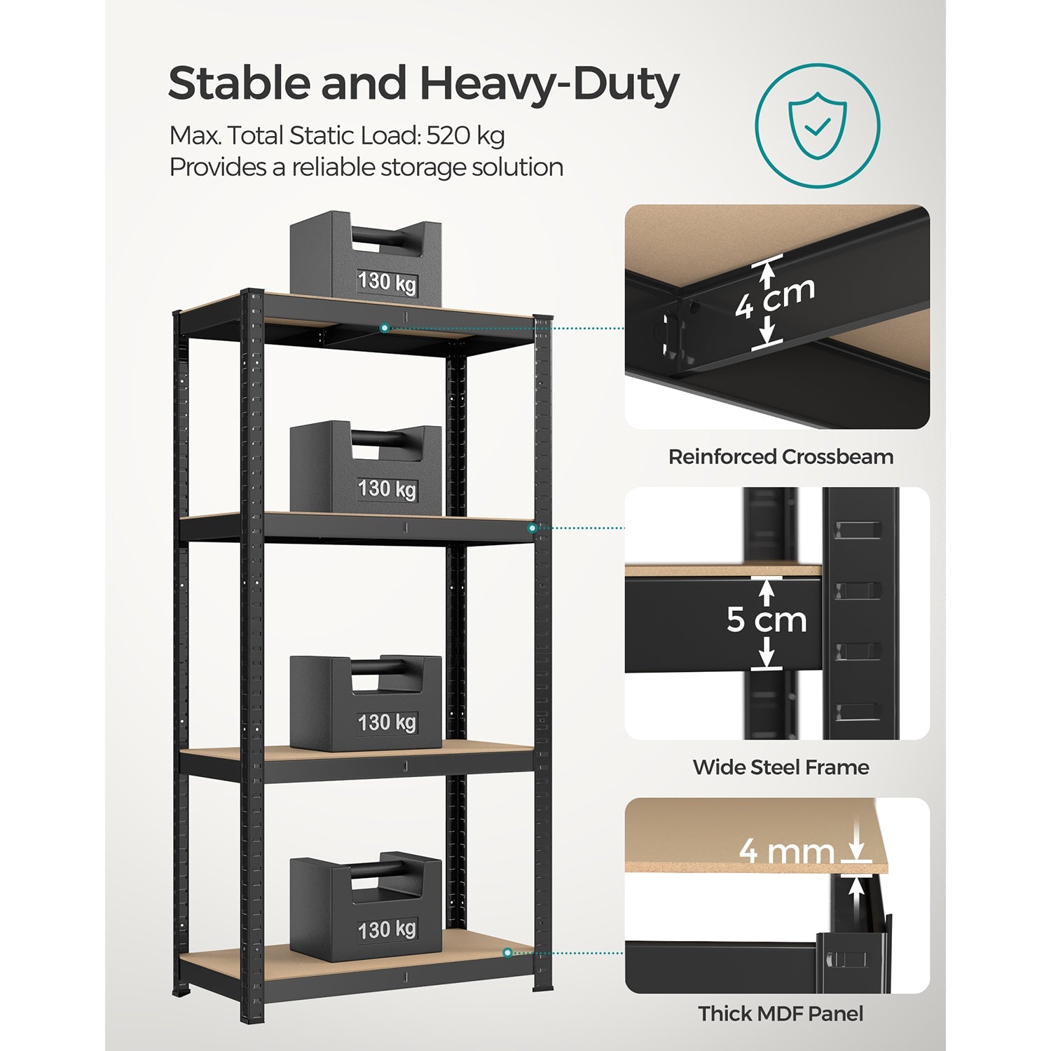 4-Tier Shelving Unit – Steel – Black – Heavy-Duty, 520 kg Capacity