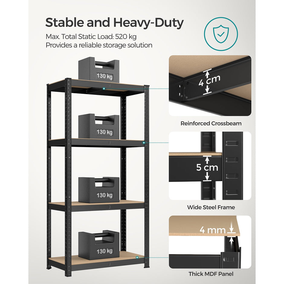 4-Tier Shelving Unit – Steel – Black – Heavy-Duty, 520 kg Capacity
