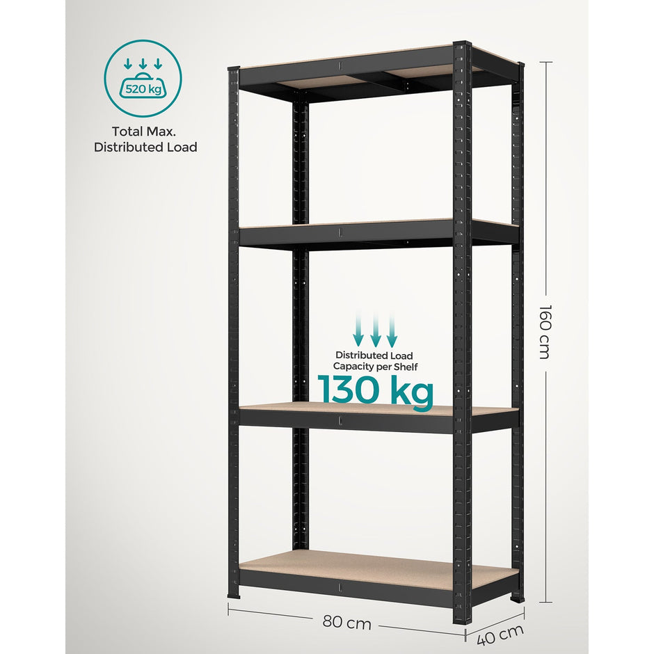 4-Tier Shelving Unit – Steel – Black – Heavy-Duty, 520 kg Capacity
