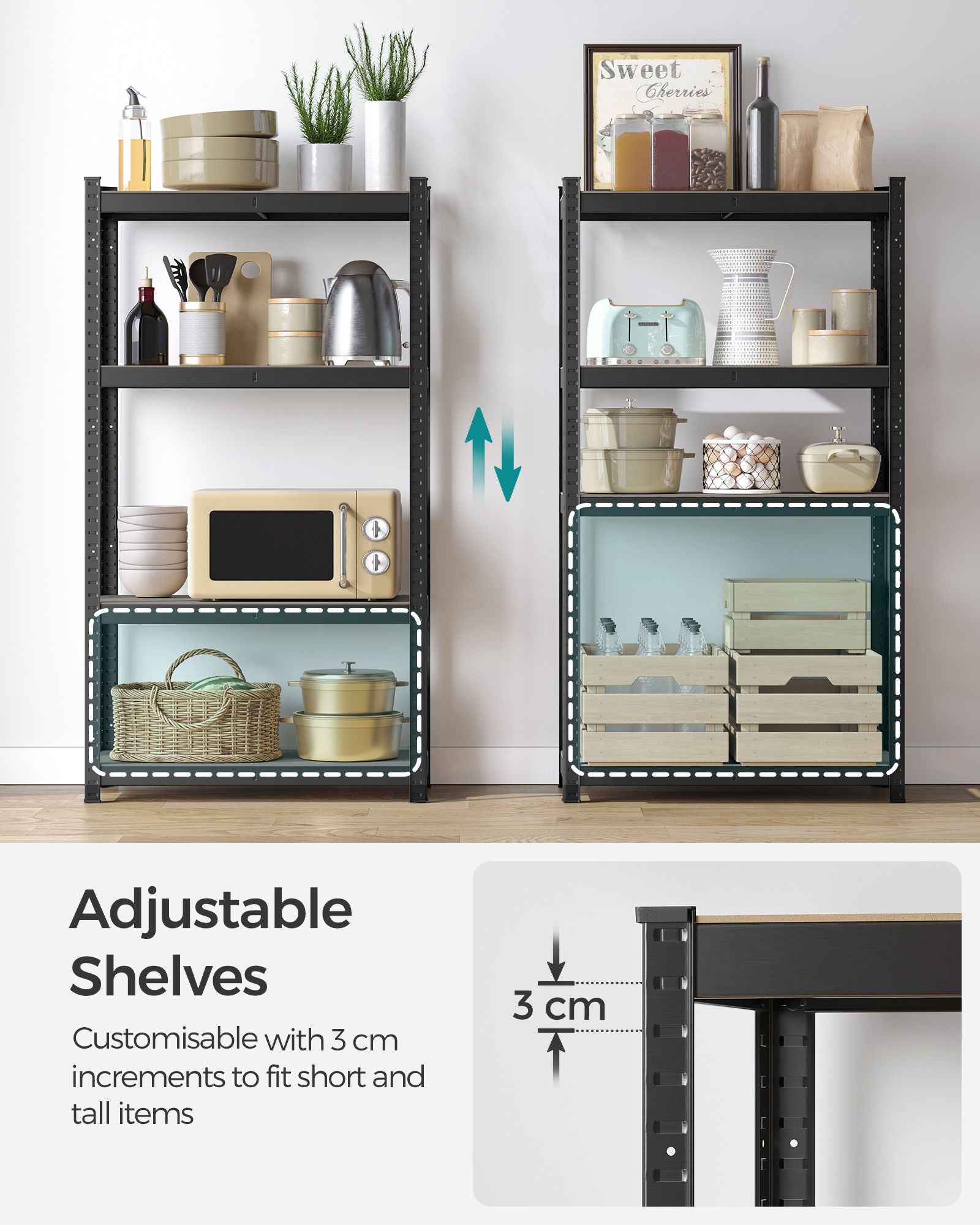 Set of 2 Steel Shelving Units – 4-Tier – Blue/Black/Rustic Brown – Heavy Duty with 520 kg Load Capacity