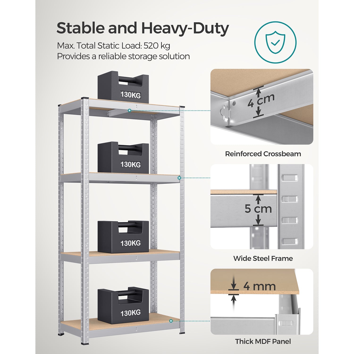 4-Tier Shelving Unit – Boltless Steel – Silver – 520 kg Capacity