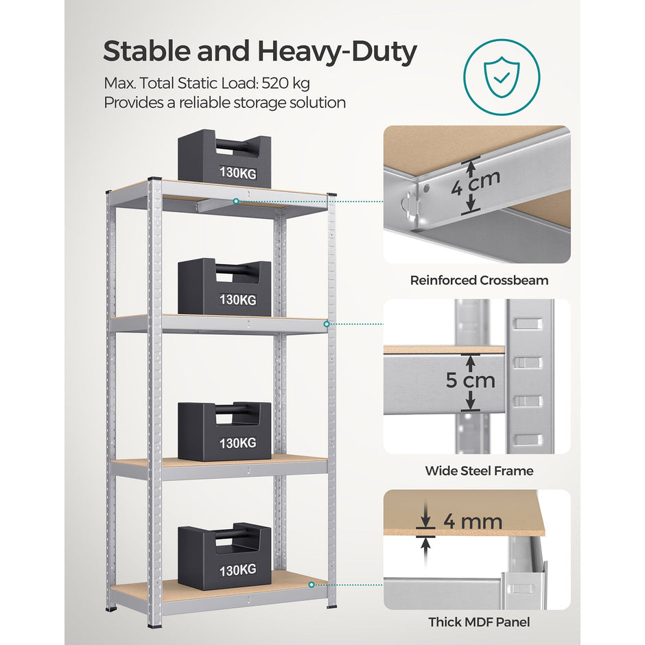 4-Tier Shelving Unit – Boltless Steel – Silver – 520 kg Capacity