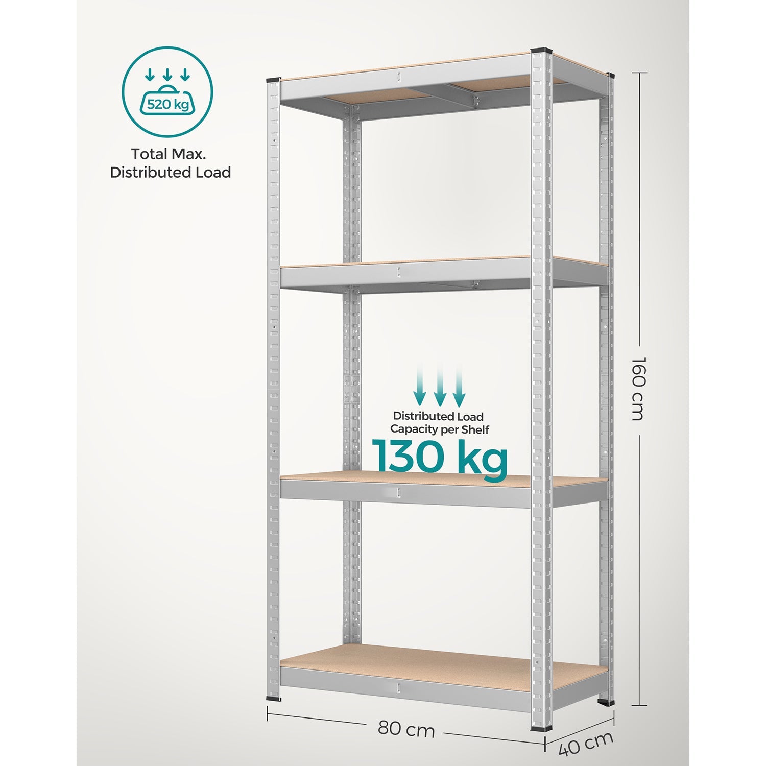 4-Tier Shelving Unit – Boltless Steel – Silver – 520 kg Capacity