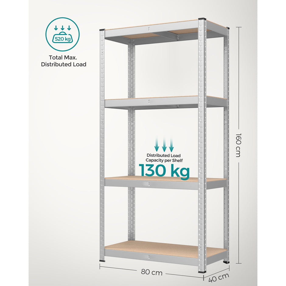 4-Tier Shelving Unit – Boltless Steel – Silver – 520 kg Capacity