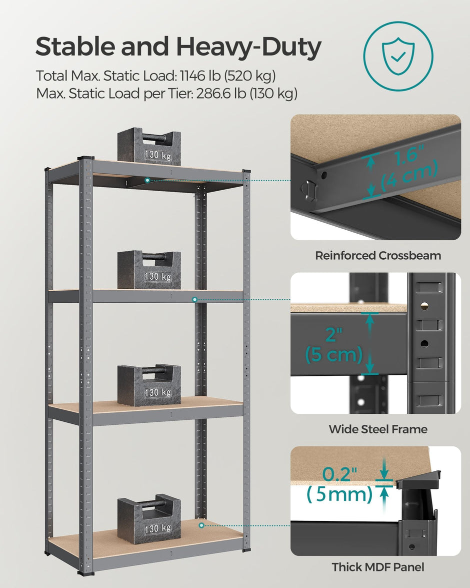 4-Tier Heavy-Duty Shelving Unit – Steel – Slate Grey – Boltless Design, Max Load 520 kg