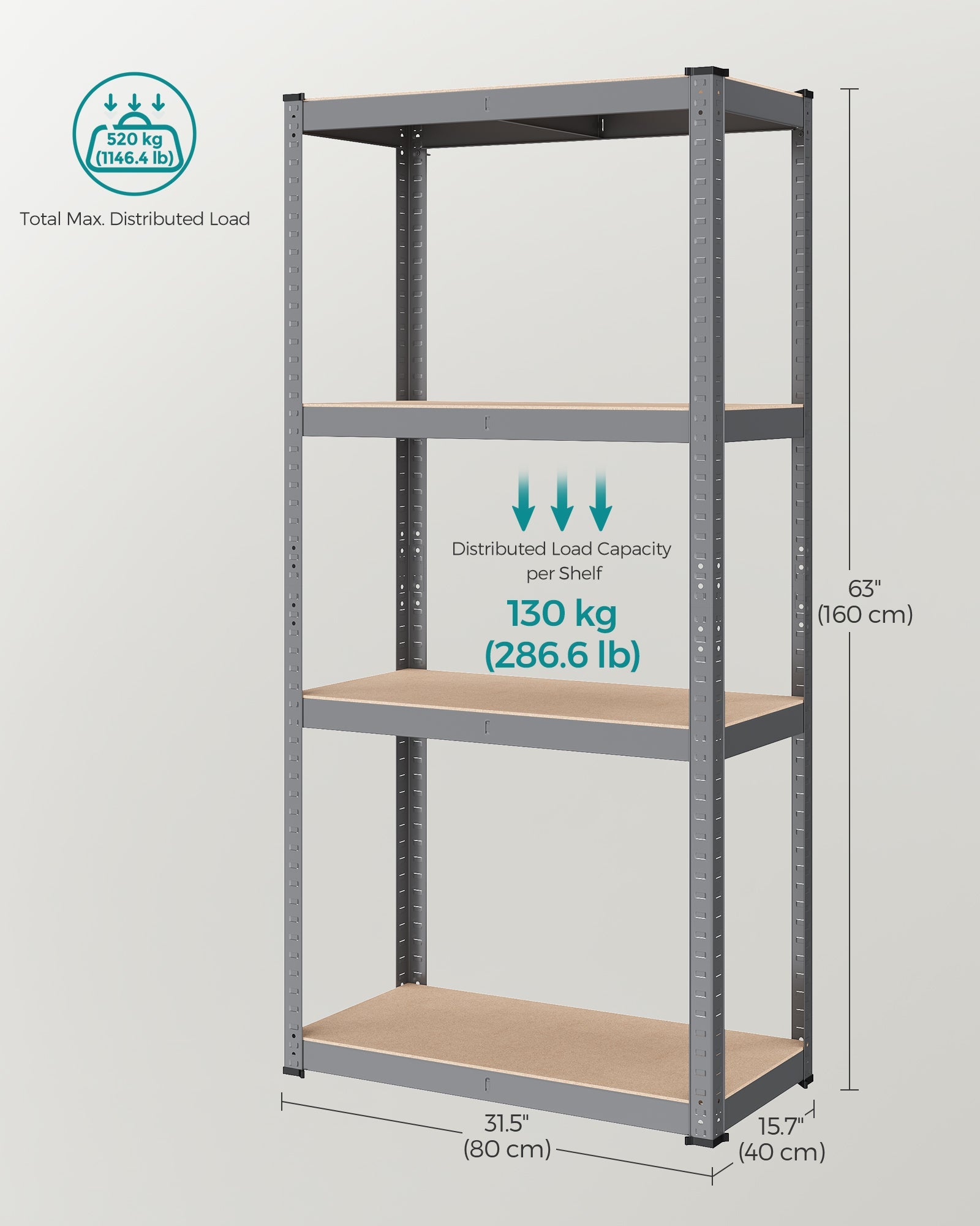 4-Tier Heavy-Duty Shelving Unit – Steel – Slate Grey – Boltless Design, Max Load 520 kg