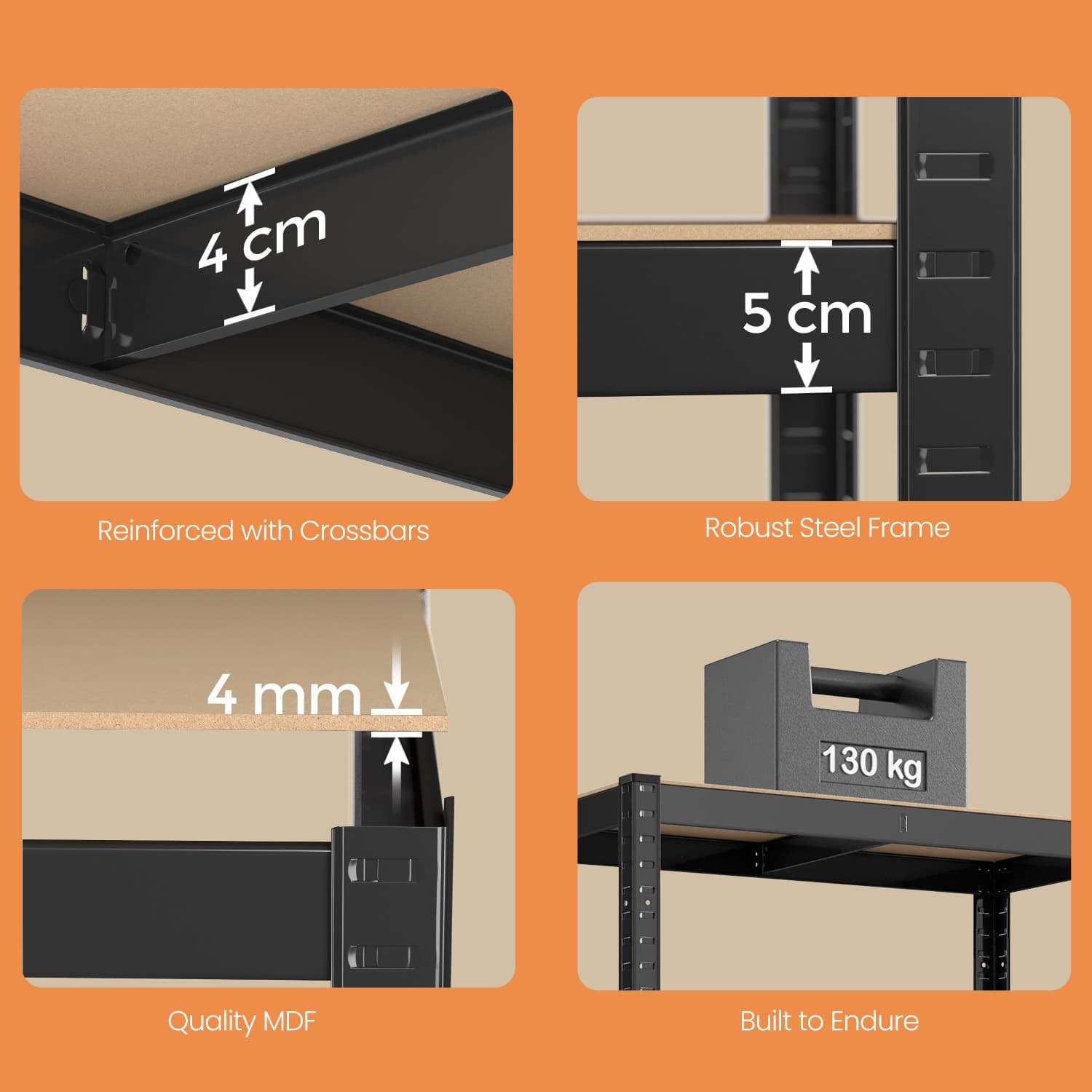4-Tier Steel Shelving Unit – Rustic Brown and Black – High Load Capacity 520 kg for Garage and Shed