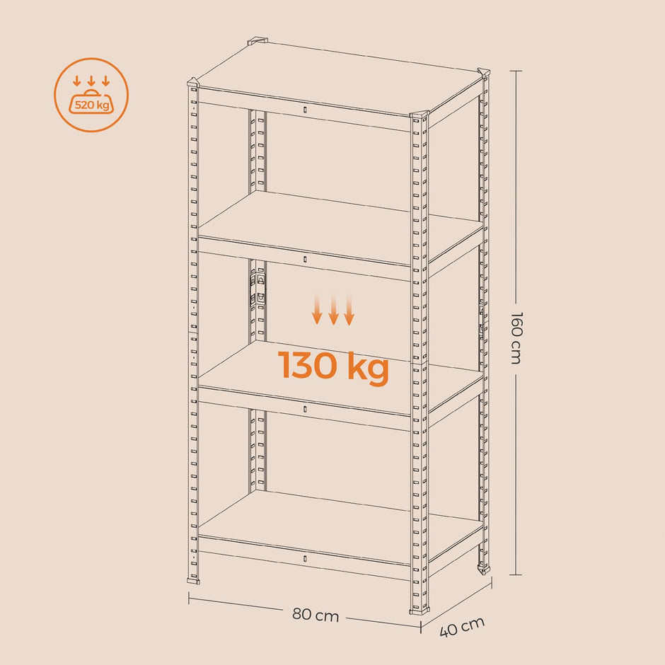 4-Tier Steel Shelving Unit – Rustic Brown and Black – High Load Capacity 520 kg for Garage and Shed