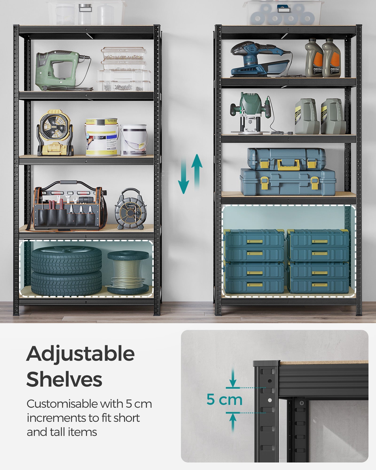 Heavy-Duty Shelving Units – Steel – Silver – Set of 2 with Adjustable Shelves and Max Load 875 kg