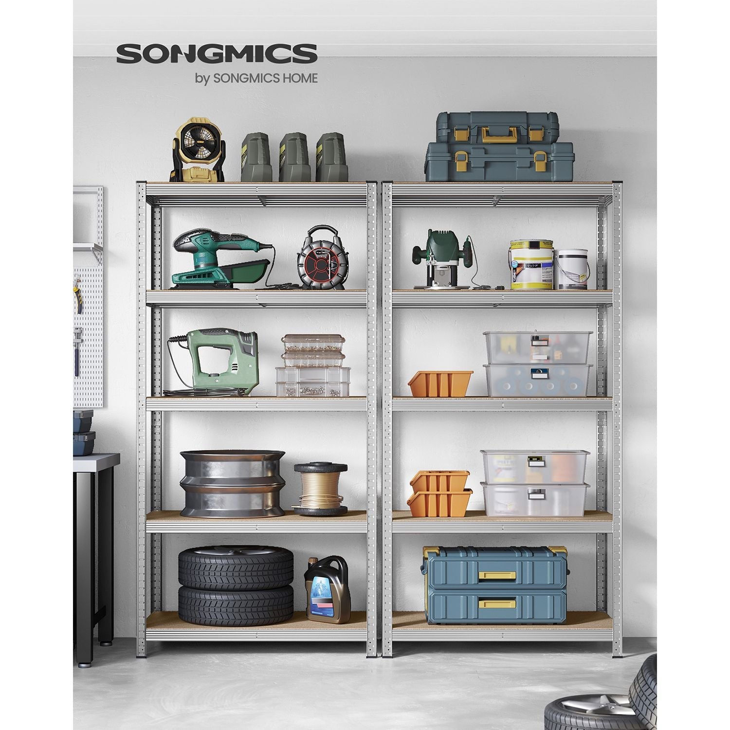 Set of 2 Heavy Duty Shelving Units – Steel – Silver – 5-Tier Adjustable Storage Racks with Max. Load 875 kg