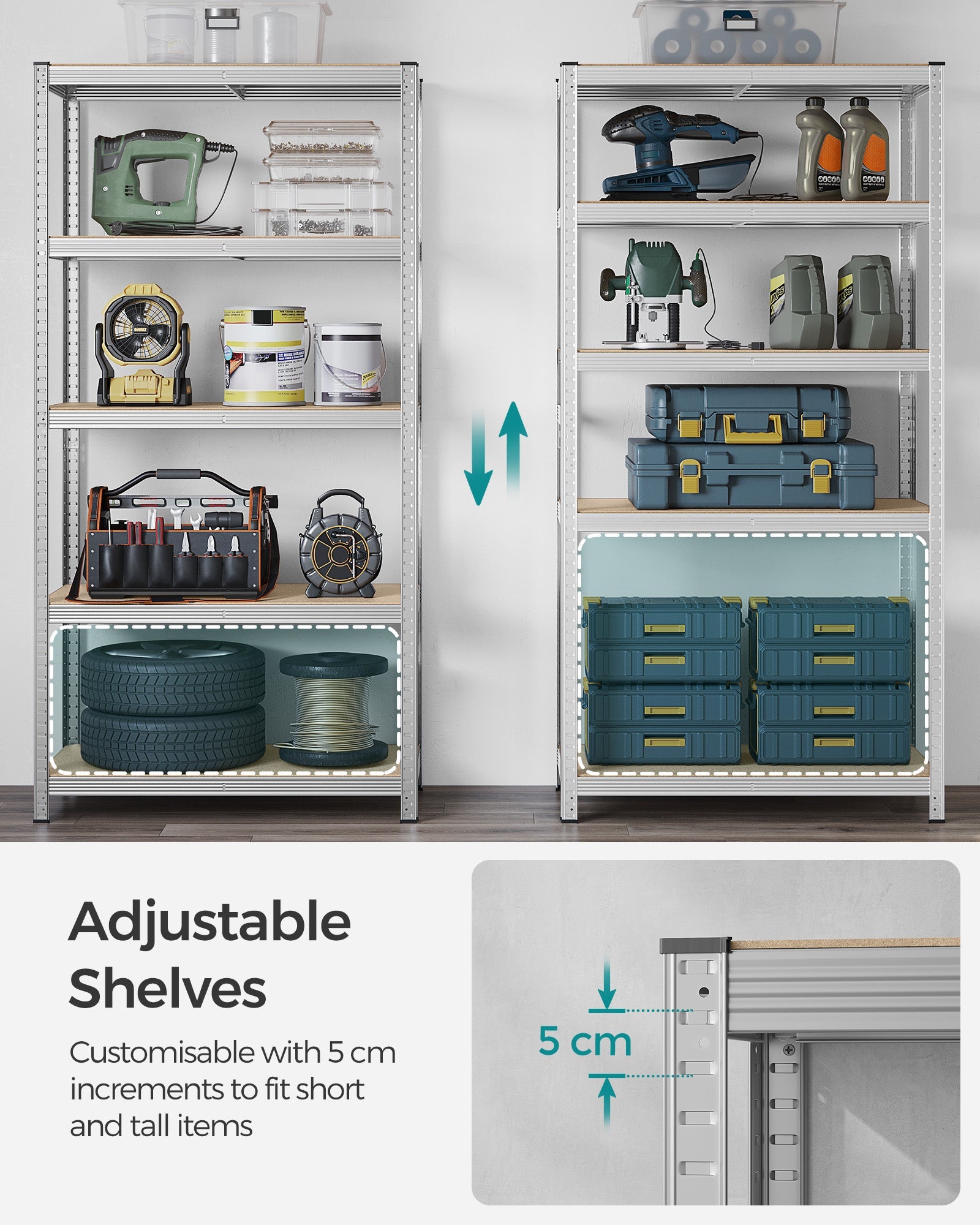 Set of 2 Heavy Duty Shelving Units – Steel – Silver – 5-Tier Adjustable Storage Racks with Max. Load 875 kg