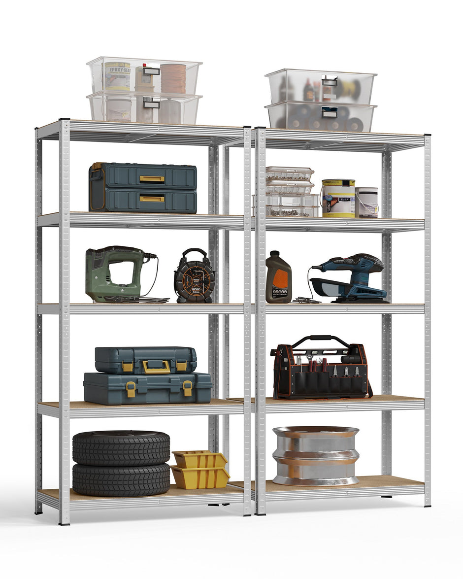Set of 2 Heavy Duty Shelving Units – Steel – Silver – 5-Tier Adjustable Storage Racks with Max. Load 875 kg