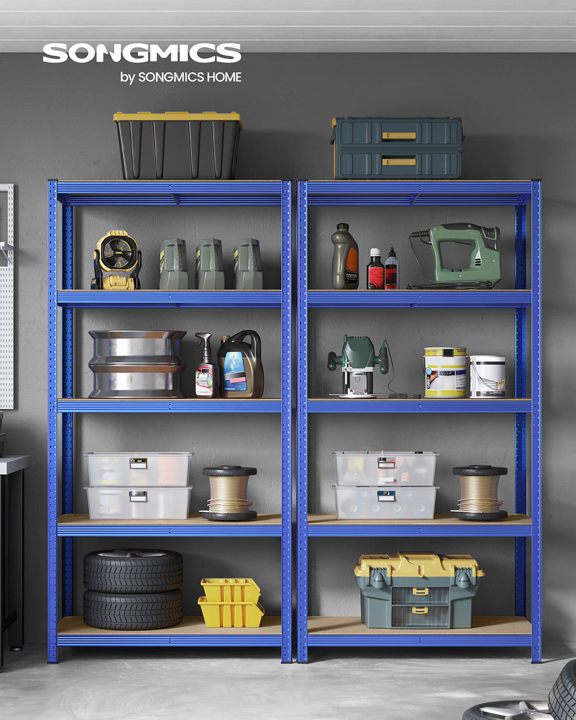 Heavy-Duty Steel Shelving – Reinforced Steel – Blue – Set of 2, 5-Tier, 600kg Capacity, Adjustable Shelves, 50x100x200cm