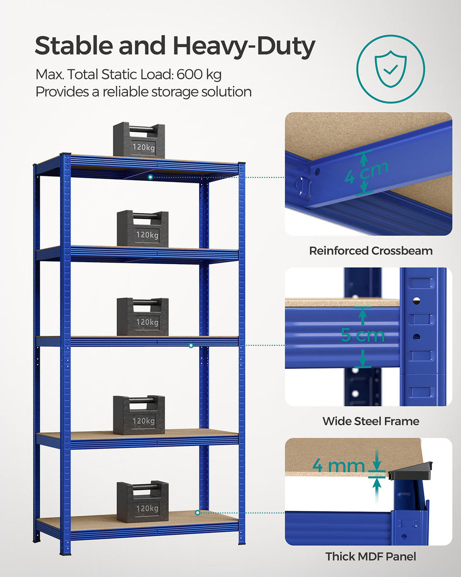 Heavy-Duty Steel Shelving – Reinforced Steel – Blue – Set of 2, 5-Tier, 600kg Capacity, Adjustable Shelves, 50x100x200cm