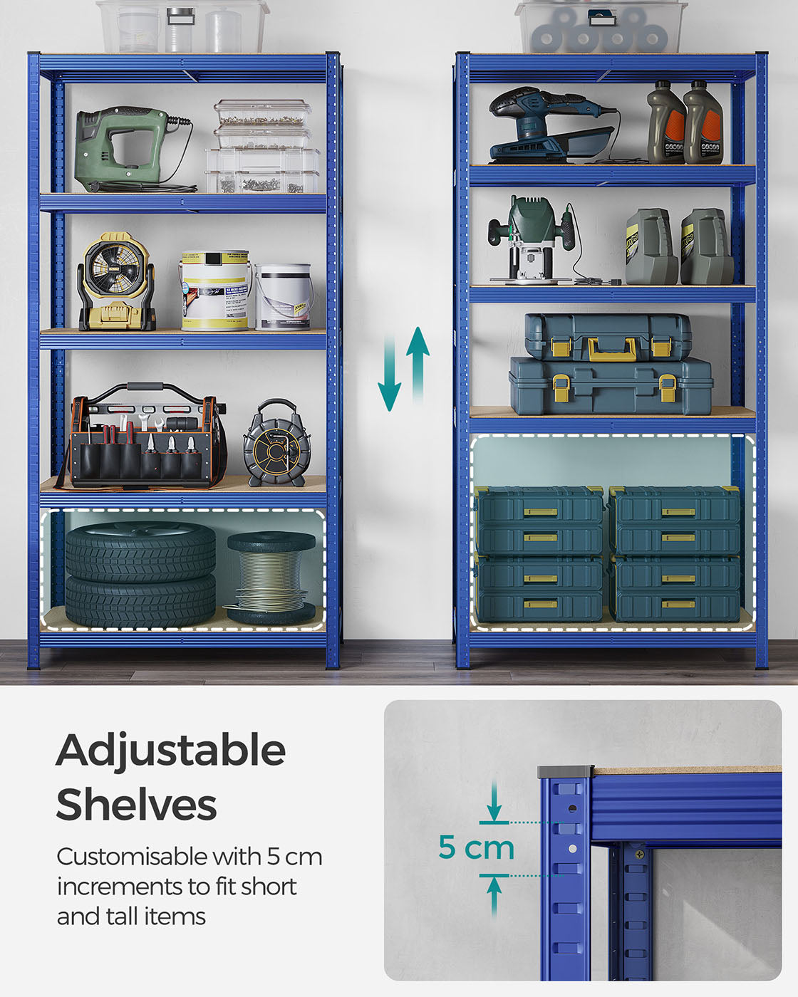 Heavy-Duty Steel Shelving – Reinforced Steel – Blue – Set of 2, 5-Tier, 600kg Capacity, Adjustable Shelves, 50x100x200cm