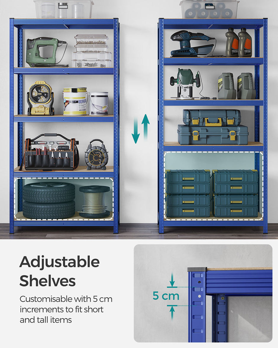 Heavy-Duty Steel Shelving – Reinforced Steel – Blue – Set of 2, 5-Tier, 600kg Capacity, Adjustable Shelves, 50x100x200cm