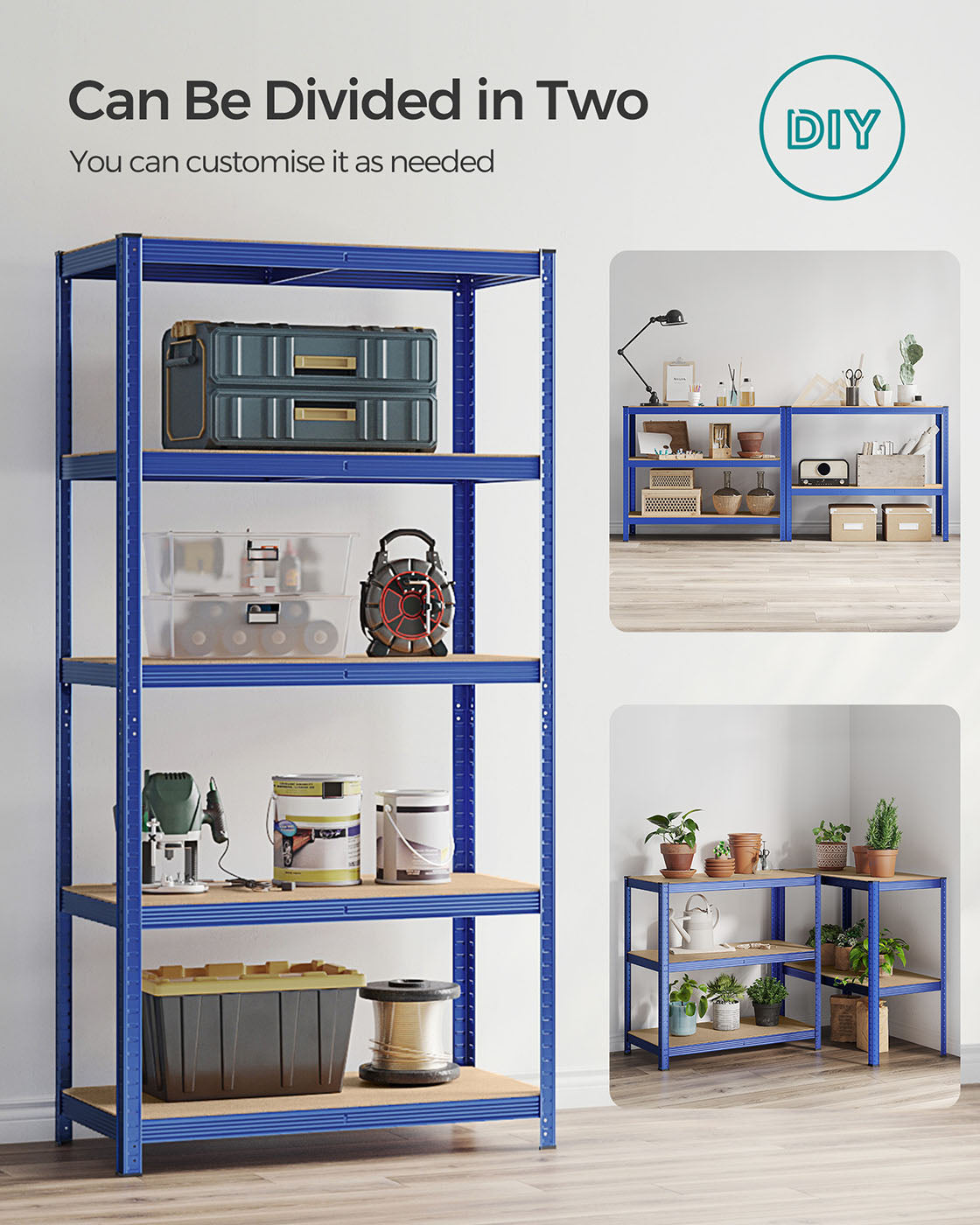 Heavy-Duty Steel Shelving – Reinforced Steel – Blue – Set of 2, 5-Tier, 600kg Capacity, Adjustable Shelves, 50x100x200cm