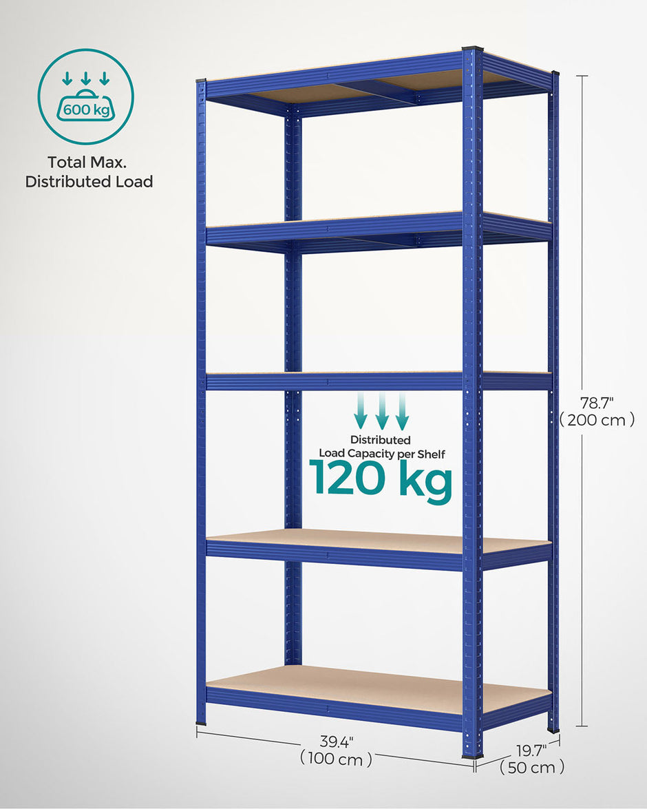 Heavy-Duty Steel Shelving – Reinforced Steel – Blue – Set of 2, 5-Tier, 600kg Capacity, Adjustable Shelves, 50x100x200cm