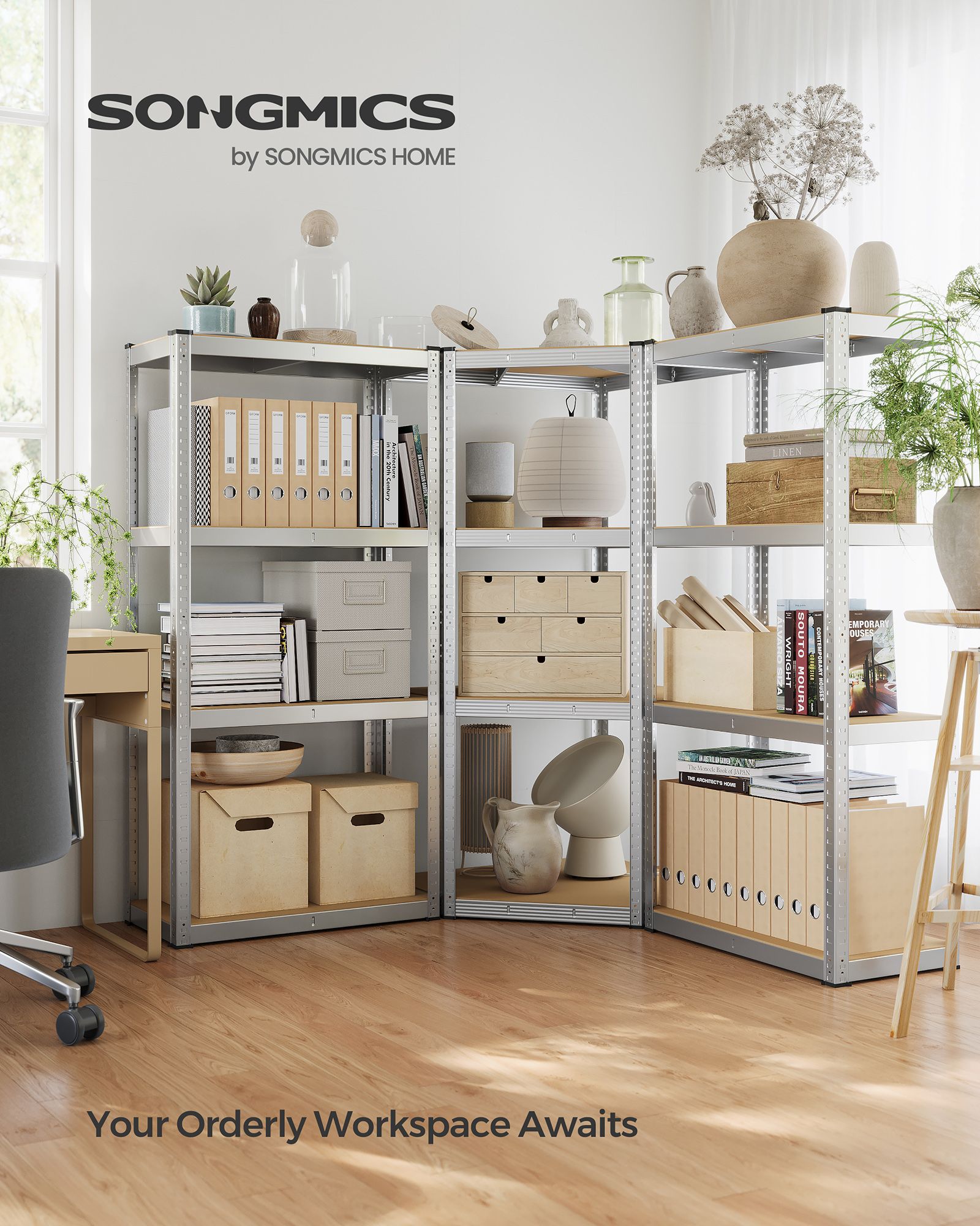4-Tier Corner Shelf – Metal – Silver and Natural Beige – Heavy Duty Design for Garage and Storage Rooms