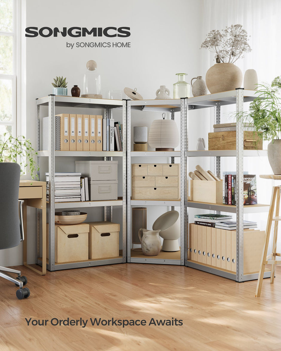 4-Tier Corner Shelf – Metal – Silver and Natural Beige – Heavy Duty Design for Garage and Storage Rooms