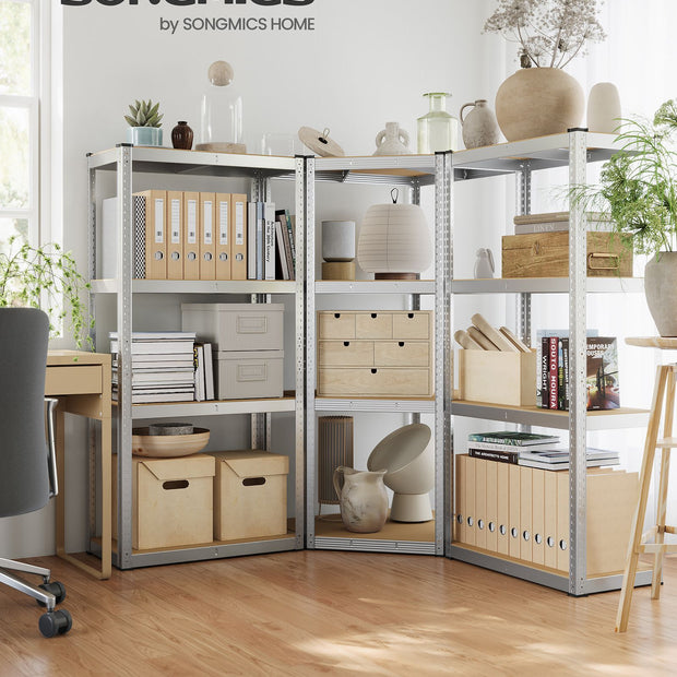 4-Tier Corner Shelf – Metal – Silver and Natural Beige – Heavy Duty Design for Garage and Storage Rooms
